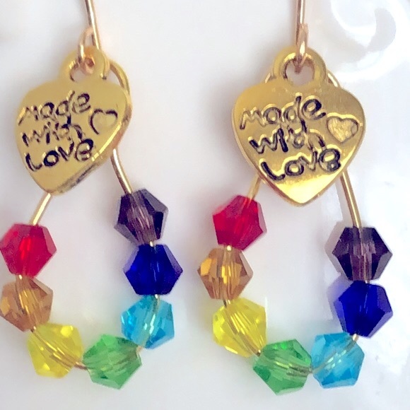 New Sparkling Crystal Glass Dangling Rainbow Made With Love Hoop Heart Earrings - Picture 2 of 4